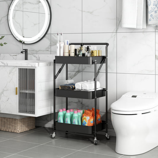 Fortune Candy Foldable 3-Tier Rolling Utility Cart, No-Assembly Multipurpose Storage Organizer with Handle for Home or Office, Black