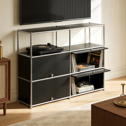 Fortune Candy 4-Door Modular Metal Sideboard with Open Shelf, Modern Twin-Row Grid Cabinet for Dining or Living Room, Office, Black