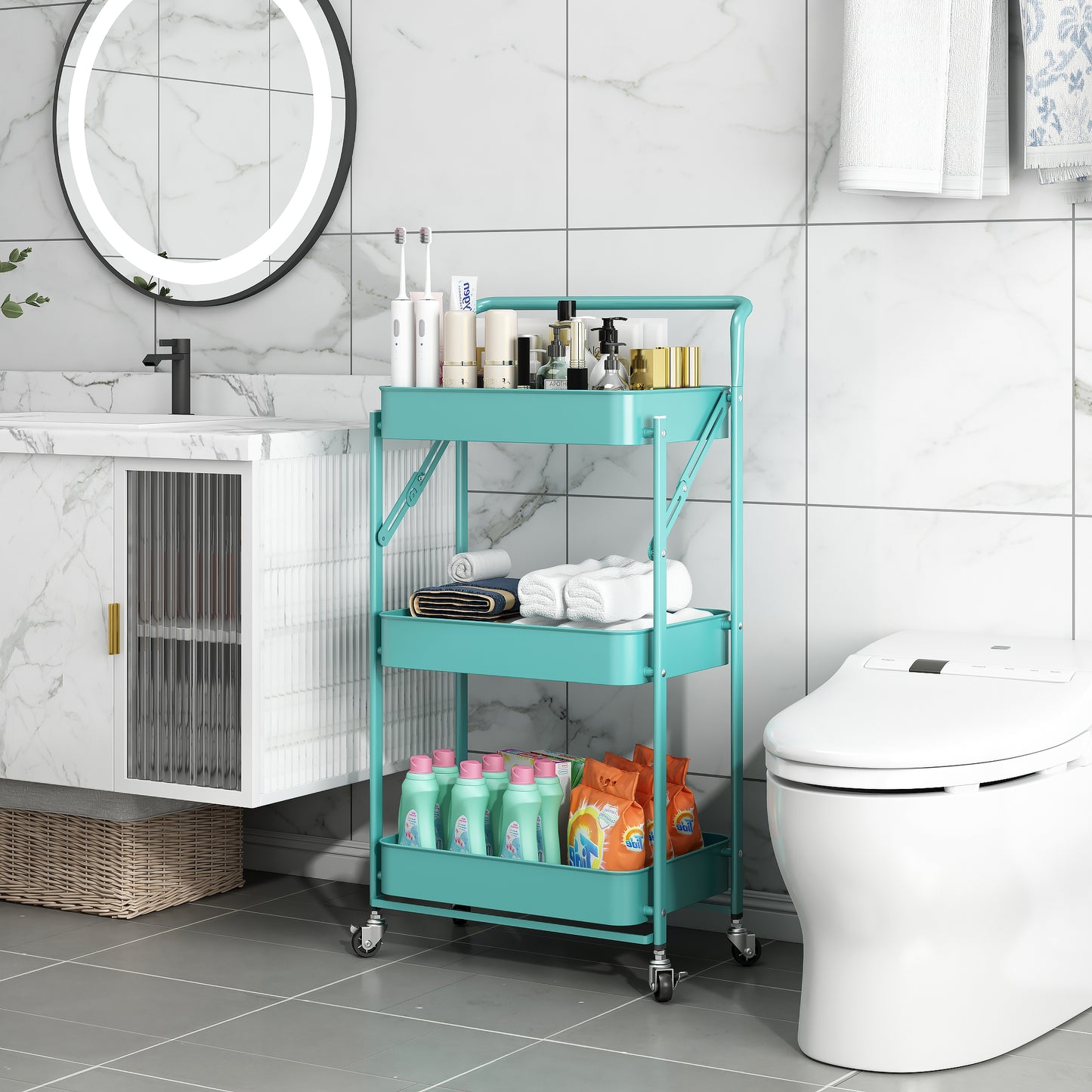 Fortune Candy Foldable 3-Tier Rolling Utility Cart, No-Assembly Multipurpose Storage Organizer with Handle for Home or Office, Green