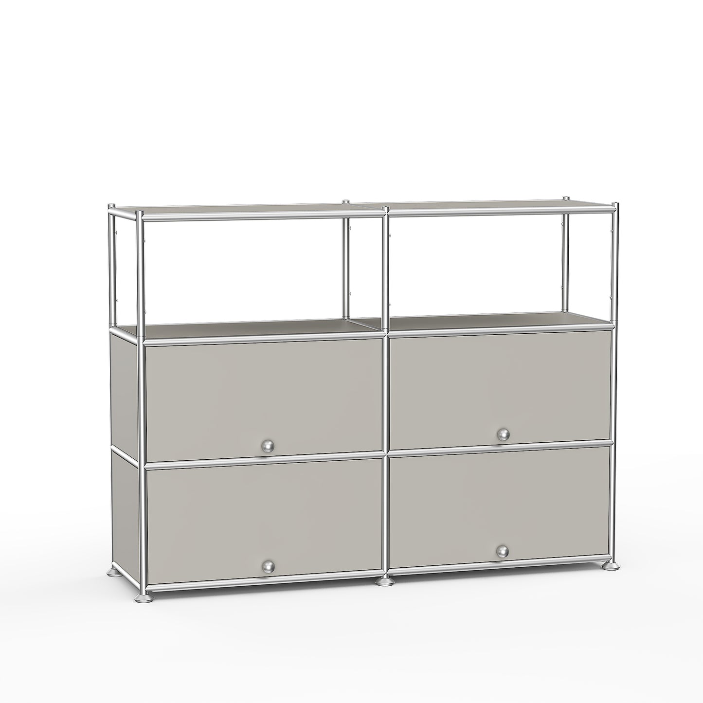 Fortune Candy 4-Door Modular Metal Sideboard with Open Shelf, Modern Twin-Row Grid Cabinet for Dining or Living Room, Office, Light Gray