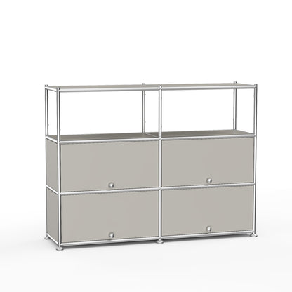 Fortune Candy 4-Door Modular Metal Sideboard with Open Shelf, Modern Twin-Row Grid Cabinet for Dining or Living Room, Office, Light Gray