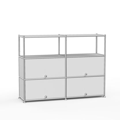 Fortune Candy 4-Door Modular Metal Sideboard with Open Shelf, Modern Twin-Row Grid Cabinet for Dining or Living Room, Office, White
