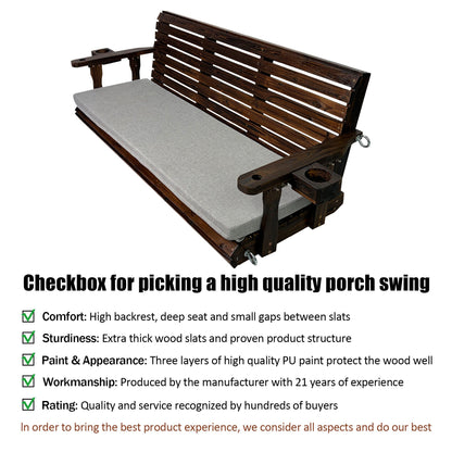 Fortune Candy Extended 3-Seater Wooden Porch Swing with Seat Cushion, Cup Holders, Hanging Chains and 7mm Springs, Heavy Duty 880 LBS (Deep Brown, 5.5 FT)