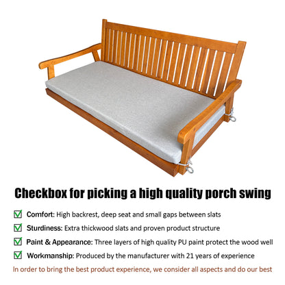 Fortune Candy 75.1 in. Solid Fir Wood Frame Porch Swing Bed with Thick Cushion-Outdoor Hanging Daybed, Teak, Heavy Duty 1000 LBS
