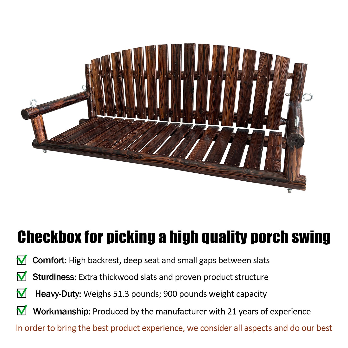 Fortune Candy 5 FT Fir Wood Porch Swing, Rustic Handcrafted Heavy-Duty Outdoor Hanging Bench, 900 LBS Capacity