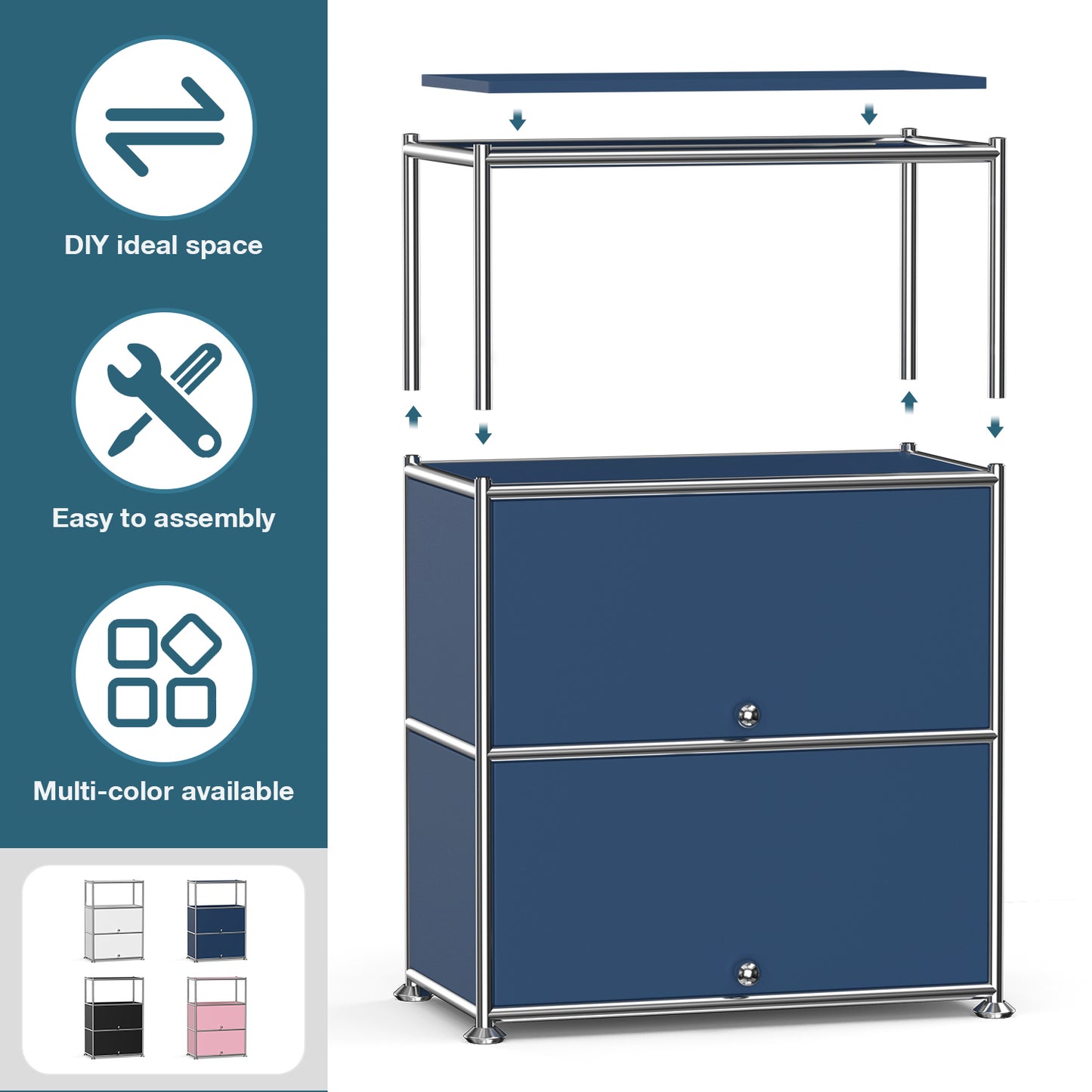 Fortune Candy 3 Tier Modular Metal Storage Cabinet, Modern Grid-Style Organizer for Dining Room, Living Room or Office, Blue