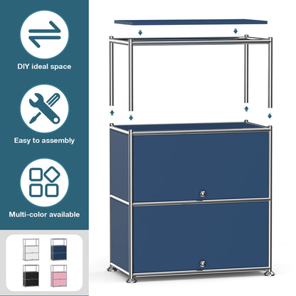Fortune Candy 3 Tier Modular Metal Storage Cabinet, Modern Grid-Style Organizer for Dining Room, Living Room or Office, Blue