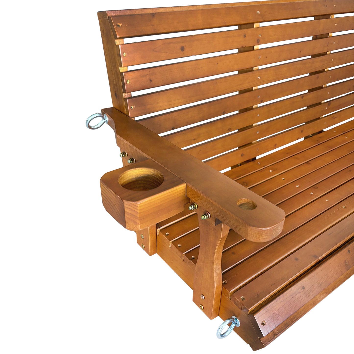 Wooden Porch Swing 2-Seater, Bench Swing with Cupholders, Hanging Chains and 7mm Springs, Heavy Duty 800 LBS, for Outdoor Patio Garden (Warm Teak Color, 5 FT Extra Large)