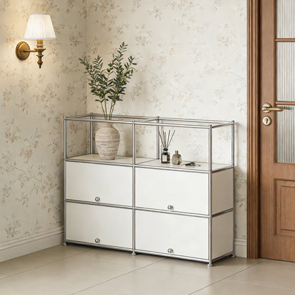 Fortune Candy 4-Door Modular Metal Sideboard with Open Shelf, Modern Twin-Row Grid Cabinet for Dining or Living Room, Office, White