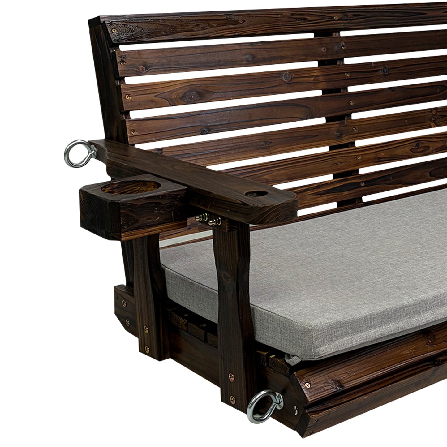 Fortune Candy Extended 3-Seater Wooden Porch Swing with Seat Cushion, Cup Holders, Hanging Chains and 7mm Springs, Heavy Duty 880 LBS (Deep Brown, 5.5 FT)