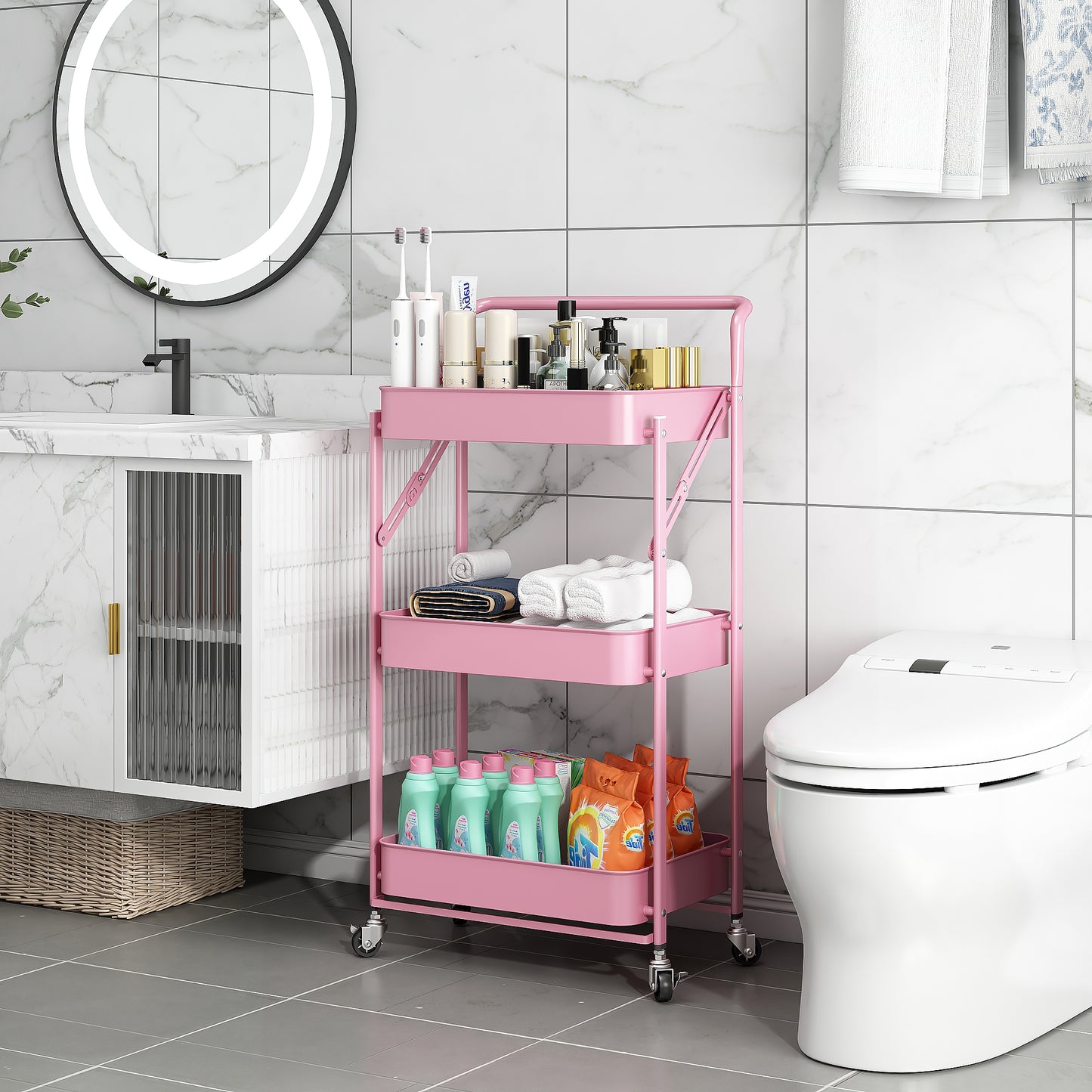 Fortune Candy Foldable 3-Tier Rolling Utility Cart, No-Assembly Multipurpose Storage Organizer with Handle for Home or Office, Pink