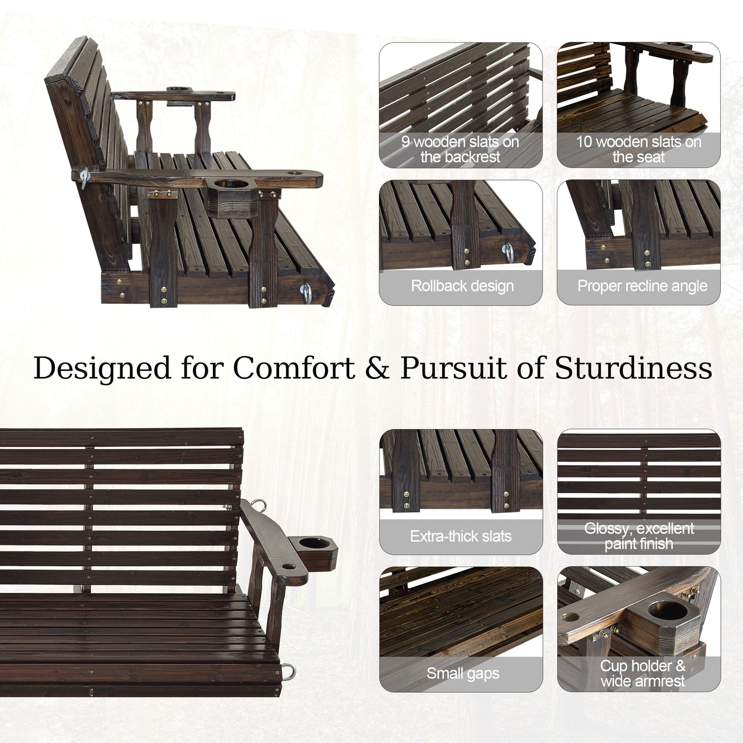 Fortune Candy Extended 3-Seater Wooden Porch Swing with Seat Cushion, Cup Holders, Hanging Chains and 7mm Springs, Heavy Duty 880 LBS (Deep Brown, 5.5 FT)