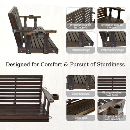 Fortune Candy Extended 3-Seater Wooden Porch Swing with Seat Cushion, Cup Holders, Hanging Chains and 7mm Springs, Heavy Duty 880 LBS (Deep Brown, 5.5 FT)