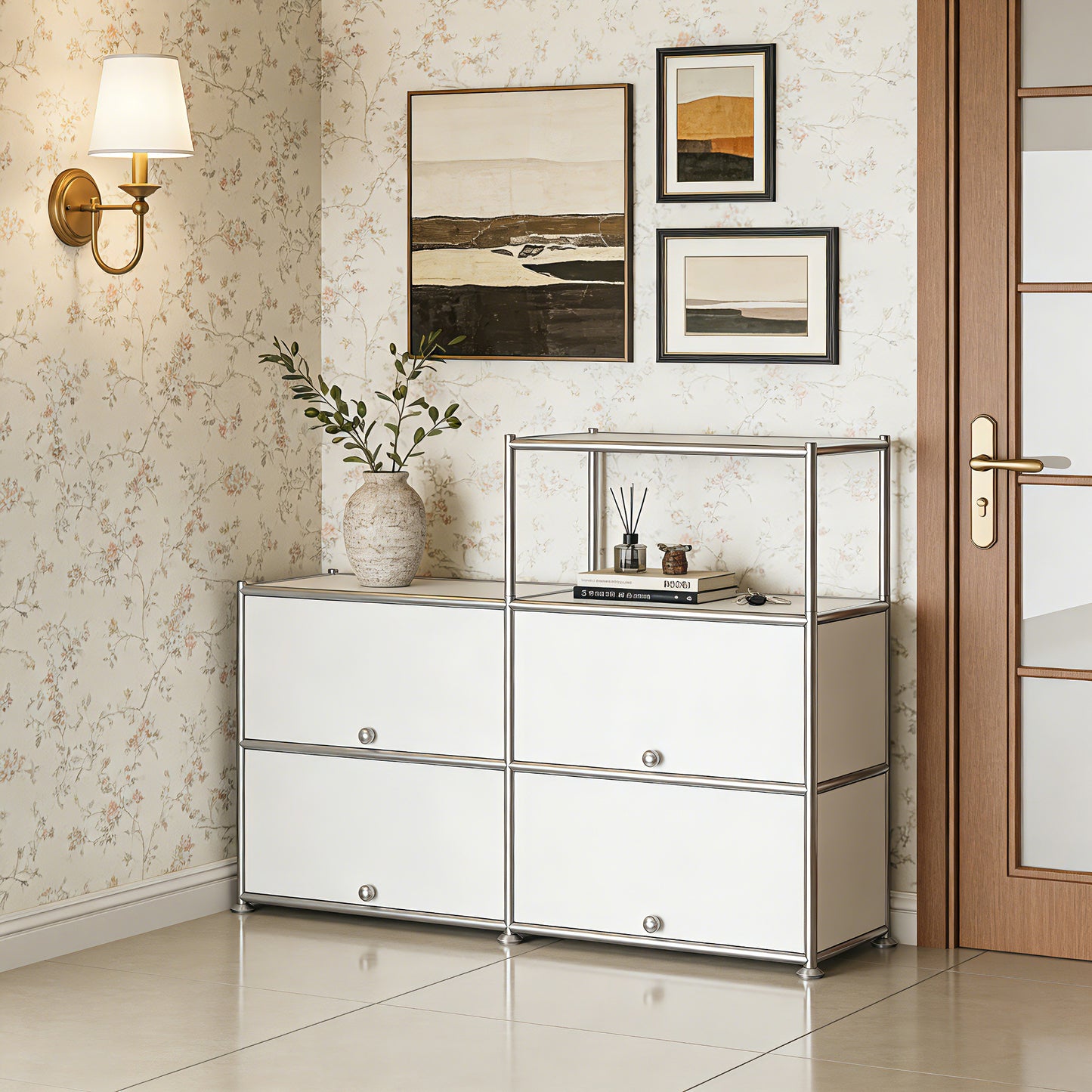 Fortune Candy 4-Door Modular Metal Sideboard with Open Shelf, Modern Twin-Row Grid Cabinet for Dining or Living Room, Office, White