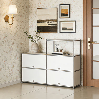 Fortune Candy 4-Door Modular Metal Sideboard with Open Shelf, Modern Twin-Row Grid Cabinet for Dining or Living Room, Office, White