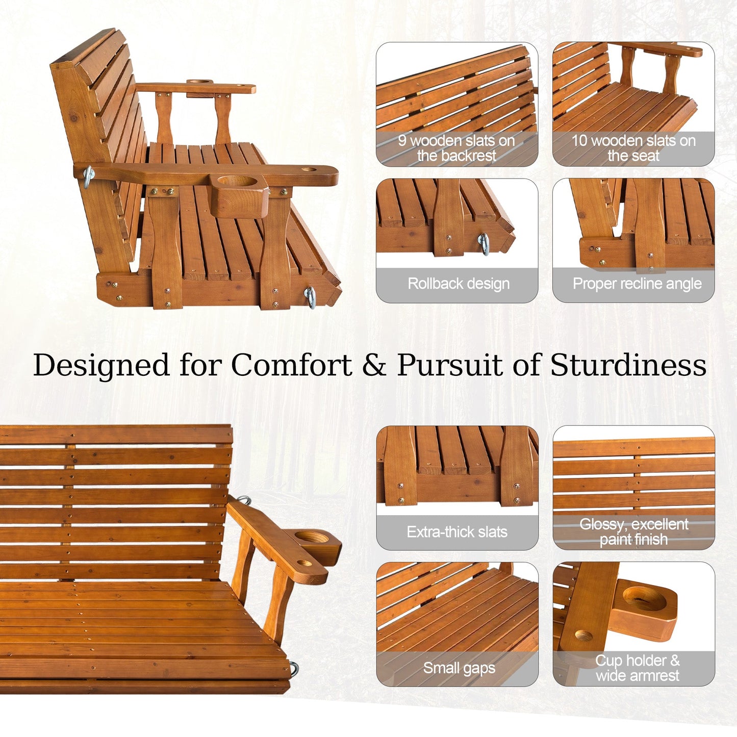 Fortune Candy Extended 3-Seater Wooden Porch Swing with Seat Cushion, Cup Holders, Hanging Chains and 7mm Springs, Heavy Duty 880 LBS (Warm Teak, 5.5 FT)