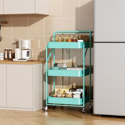 Fortune Candy Foldable 3-Tier Rolling Utility Cart, No-Assembly Multipurpose Storage Organizer with Handle for Home or Office, Green