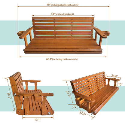 Wooden Porch Swing 2-Seater, Bench Swing with Cupholders, Hanging Chains and 7mm Springs, Heavy Duty 800 LBS, for Outdoor Patio Garden (Warm Teak Color, 5 FT Extra Large)