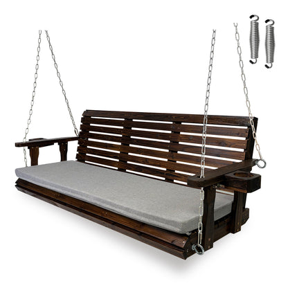 Fortune Candy Extended 3-Seater Wooden Porch Swing with Seat Cushion, Cup Holders, Hanging Chains and 7mm Springs, Heavy Duty 880 LBS (Deep Brown, 5.5 FT)