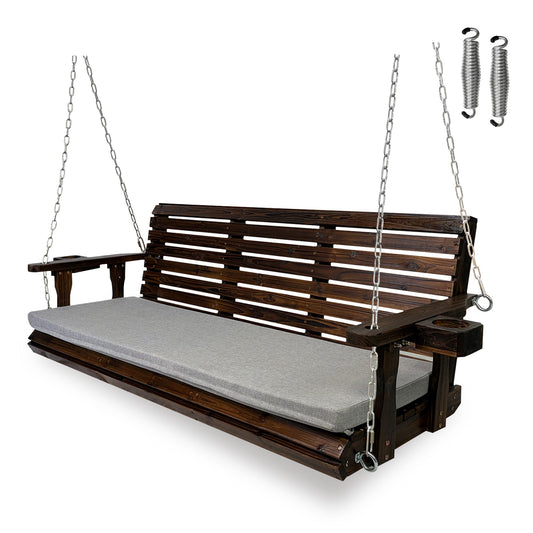 Fortune Candy Extended 3-Seater Wooden Porch Swing with Seat Cushion, Cup Holders, Hanging Chains and 7mm Springs, Heavy Duty 880 LBS (Deep Brown, 5.5 FT)