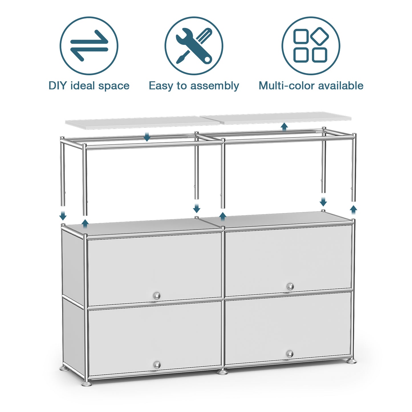 Fortune Candy 4-Door Modular Metal Sideboard with Open Shelf, Modern Twin-Row Grid Cabinet for Dining or Living Room, Office, White