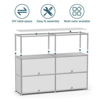 Fortune Candy 4-Door Modular Metal Sideboard with Open Shelf, Modern Twin-Row Grid Cabinet for Dining or Living Room, Office, White