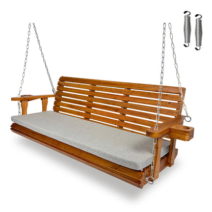 Fortune Candy Extended 3-Seater Wooden Porch Swing with Seat Cushion, Cup Holders, Hanging Chains and 7mm Springs, Heavy Duty 880 LBS (Warm Teak, 5.5 FT)
