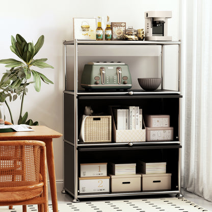 Fortune Candy 3 Tier Metal Storage Cabinet with Doors, Modern Organizer, Open Shelf for Dining Room or Living Space, Black