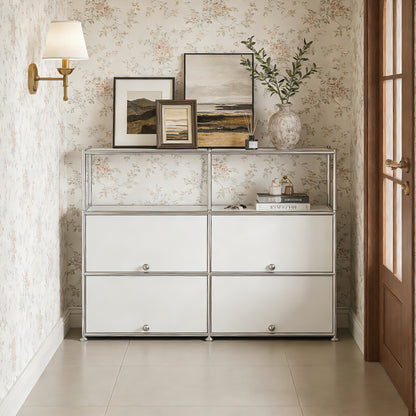 Fortune Candy 4-Door Modular Metal Sideboard with Open Shelf, Modern Twin-Row Grid Cabinet for Dining or Living Room, Office, White