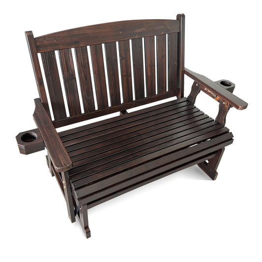 Fortune Candy Wooden Patio Glider, with Cup Holders, High Back and Deep Contoured Seat, Solid Fir Wood, Heavy Duty 800 LBS (Deep Brown, 2-Seater)