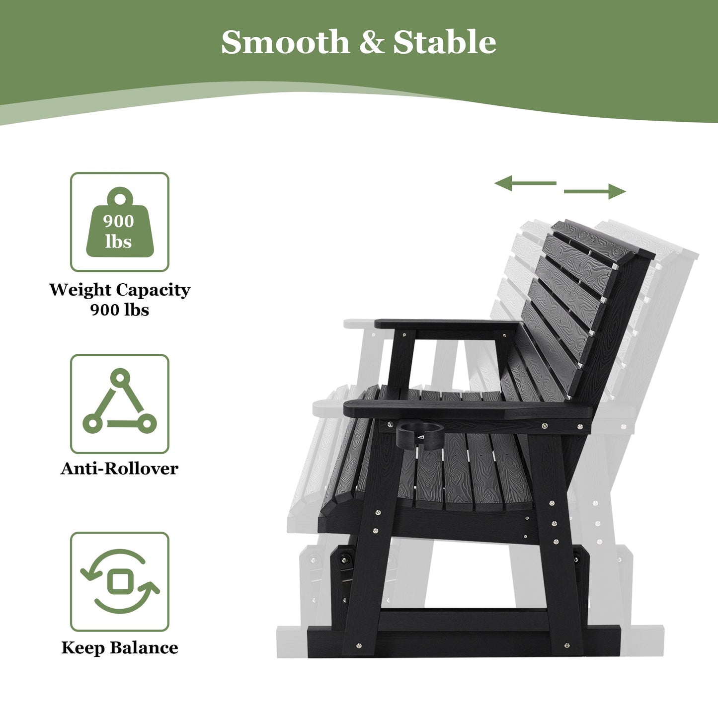 HIPS Patio Glider with Cup Holders, Durable Poly Lumber Material, All-Weather Resistant, High Backrest and Deep Contoured Seat, Ladder Back, Heavy Duty 900 LB, for Outdoor, Patio (Black, 3-Seat)