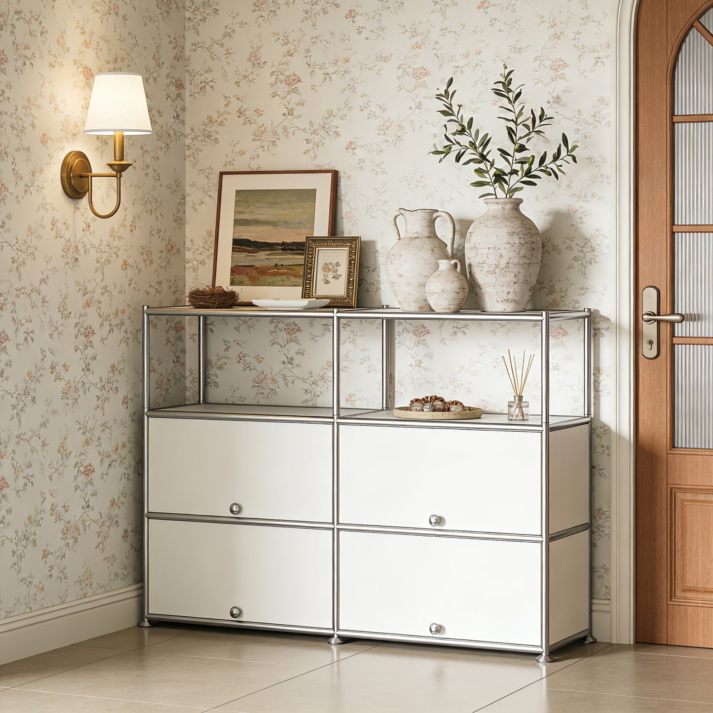Fortune Candy 4-Door Modular Metal Sideboard with Open Shelf, Modern Twin-Row Grid Cabinet for Dining or Living Room, Office, White