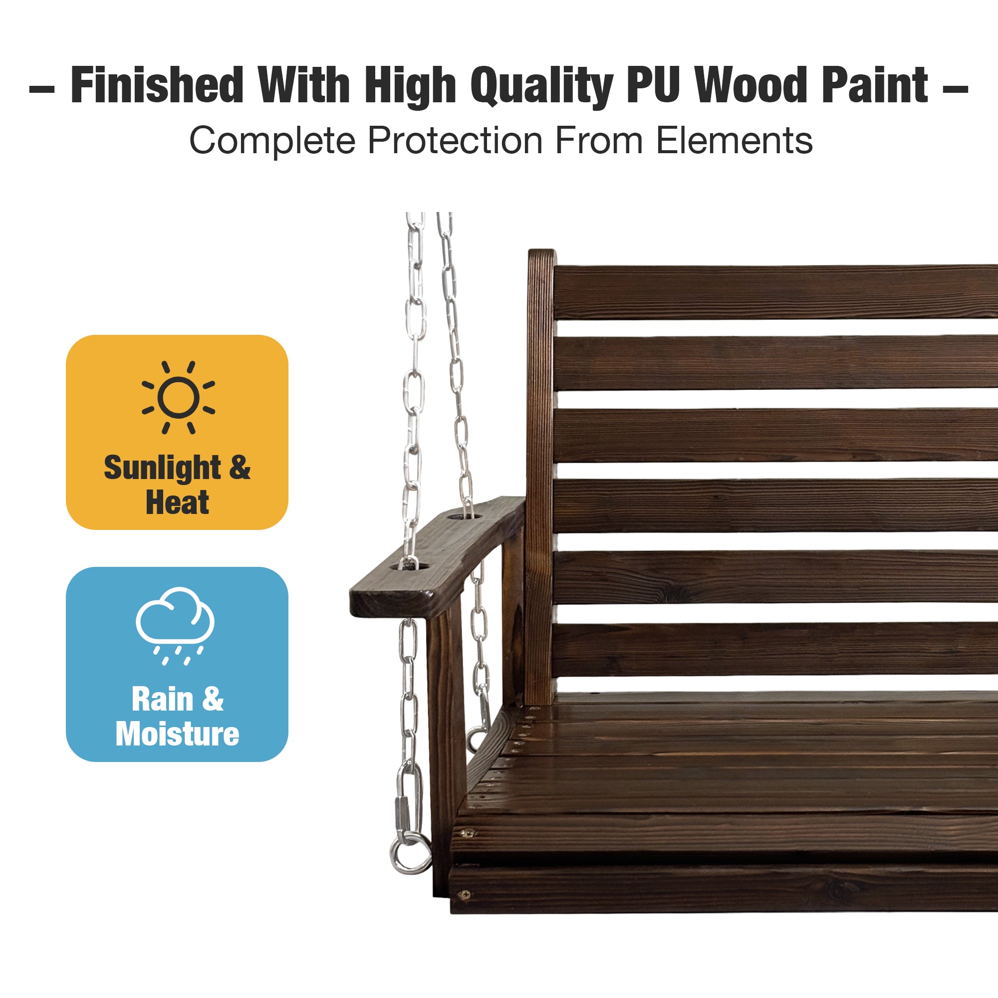 Fortune Candy Wooden Porch Swing 1-Seater, Ergonomic Seat, Bench Swing with Hanging Chains, for Outdoor Patio Garden Yard (Deep Brown)