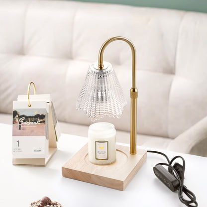 Fortune Candy Flameless Fragrant Candle Melter, Adjustment Knob, Dimmer & Timer, Wooden Base (Vintage-inspired Fluted Shade)