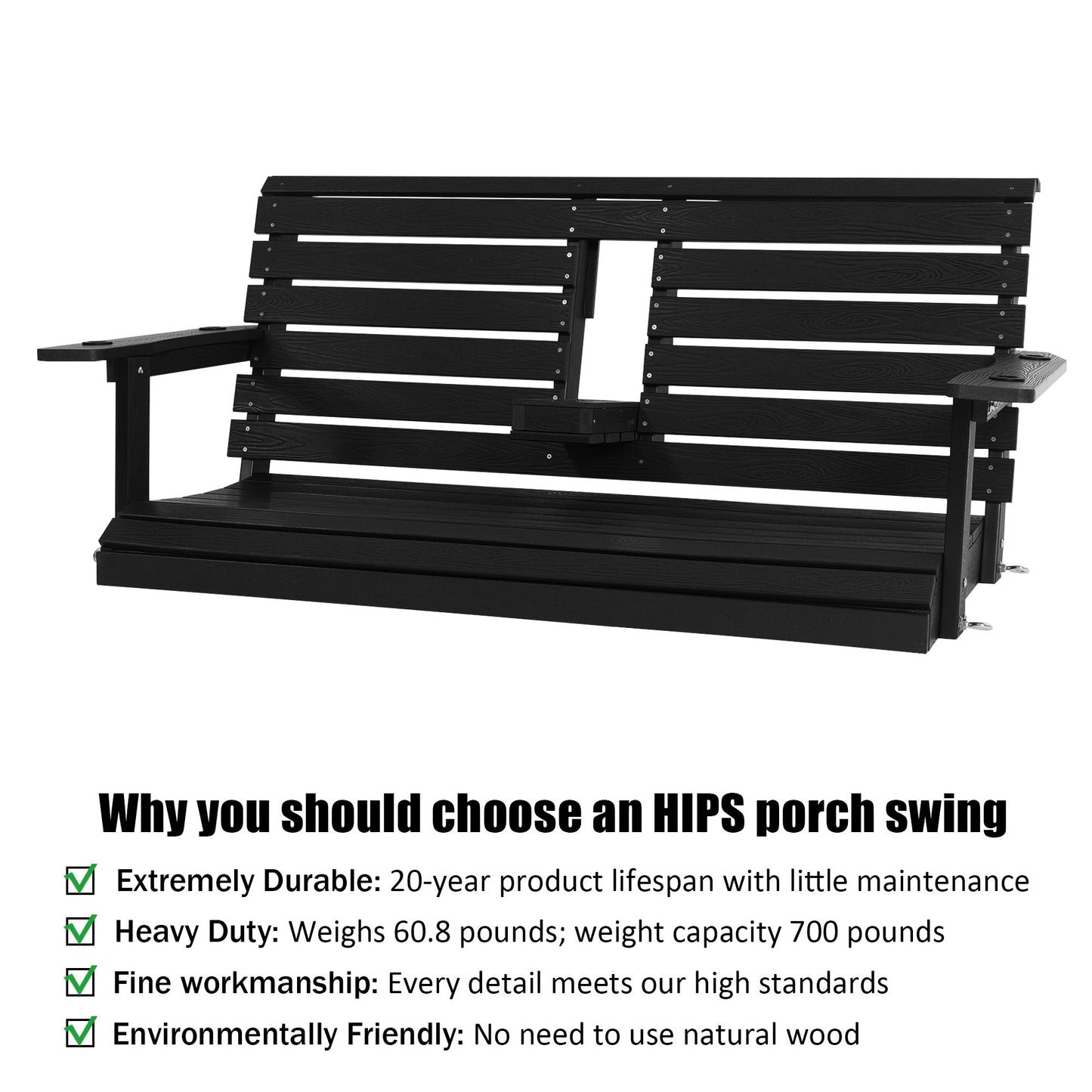 Poly Lumber 3-Seat Porch Swing, HIPS 5-Feet Bench Swing with Foldable Cup Holders,18/8 Stainless Steel Hardware, High Backrest and Deep Contoured Seat (Carbon Black, 4.5-feet)