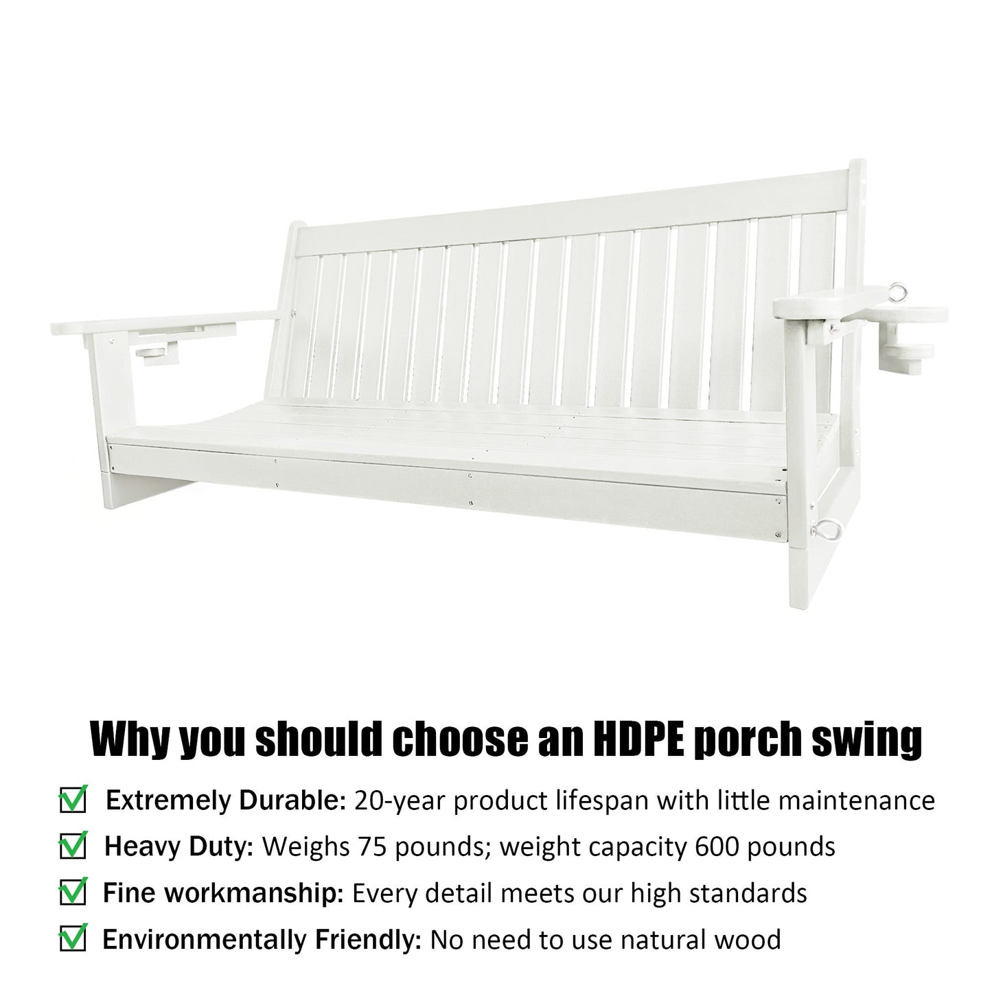 HDPE 3-Seater Porch Swing, 5-Feet Bench Swing with Foldable Cup Holders,18/8 Stainless Steel Hardware, High Backrest and Deep Contoured Seat (White, 5-feet)