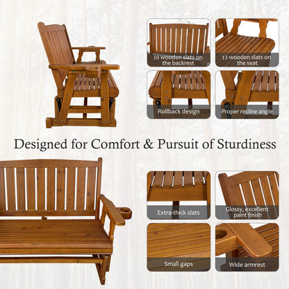 Fortune Candy Wooden Patio Glider, with Cup Holders, High Back and Deep Contoured Seat, Solid Fir Wood, Heavy Duty 800 LBS (Teak Tone, 2-Seater)
