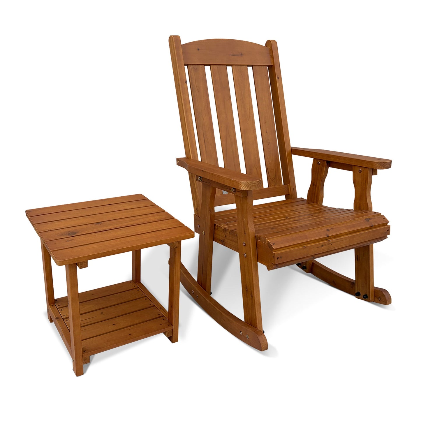Wooden Rocking Chair with Comfortable Backrest Inclination, High Backrest and Deep Contoured Seat
(Brown with table)