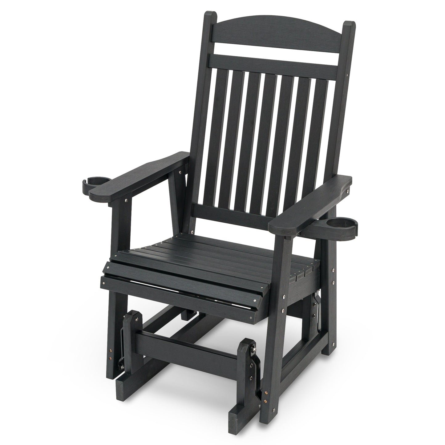 Poly Lumber Patio Glider for One Person, with Cup Holders, High Backrest and Deep Contoured Seat, HIPS Material, All-Weather Resistant, Heavy Duty 700 LBS (Matte Black)