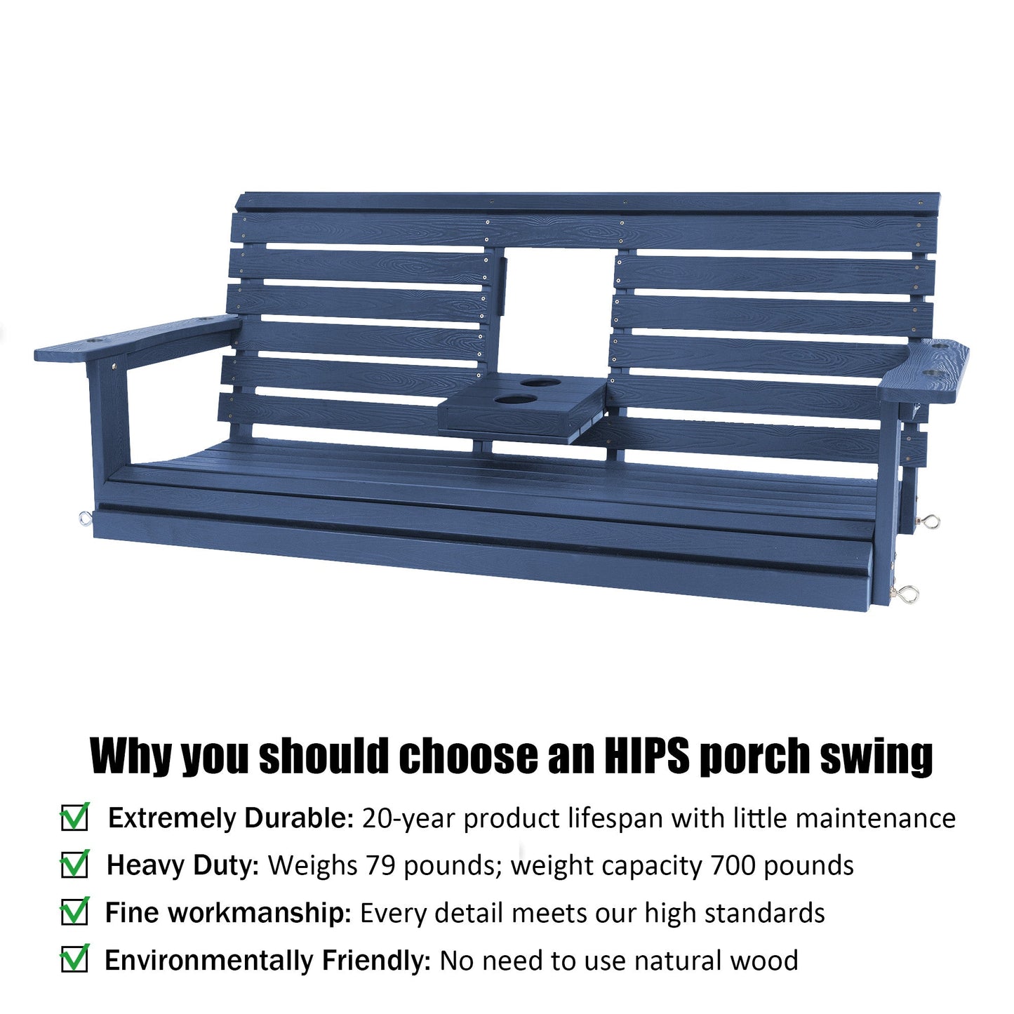 Poly Lumber 3-Seat Porch Swing, HIPS 5-Feet Bench Swing with Foldable Cup Holders,18/8 Stainless Steel Hardware, High Backrest and Deep Contoured Seat (Navy Blue, 5-feet)