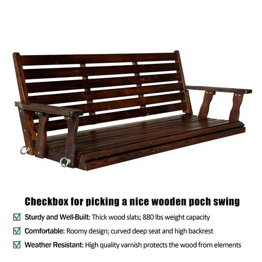 Fortune Candy 5 ft. Wooden Porch Swing 3-Seater for Outdoor Patio Garden Yard (Deep Brown)