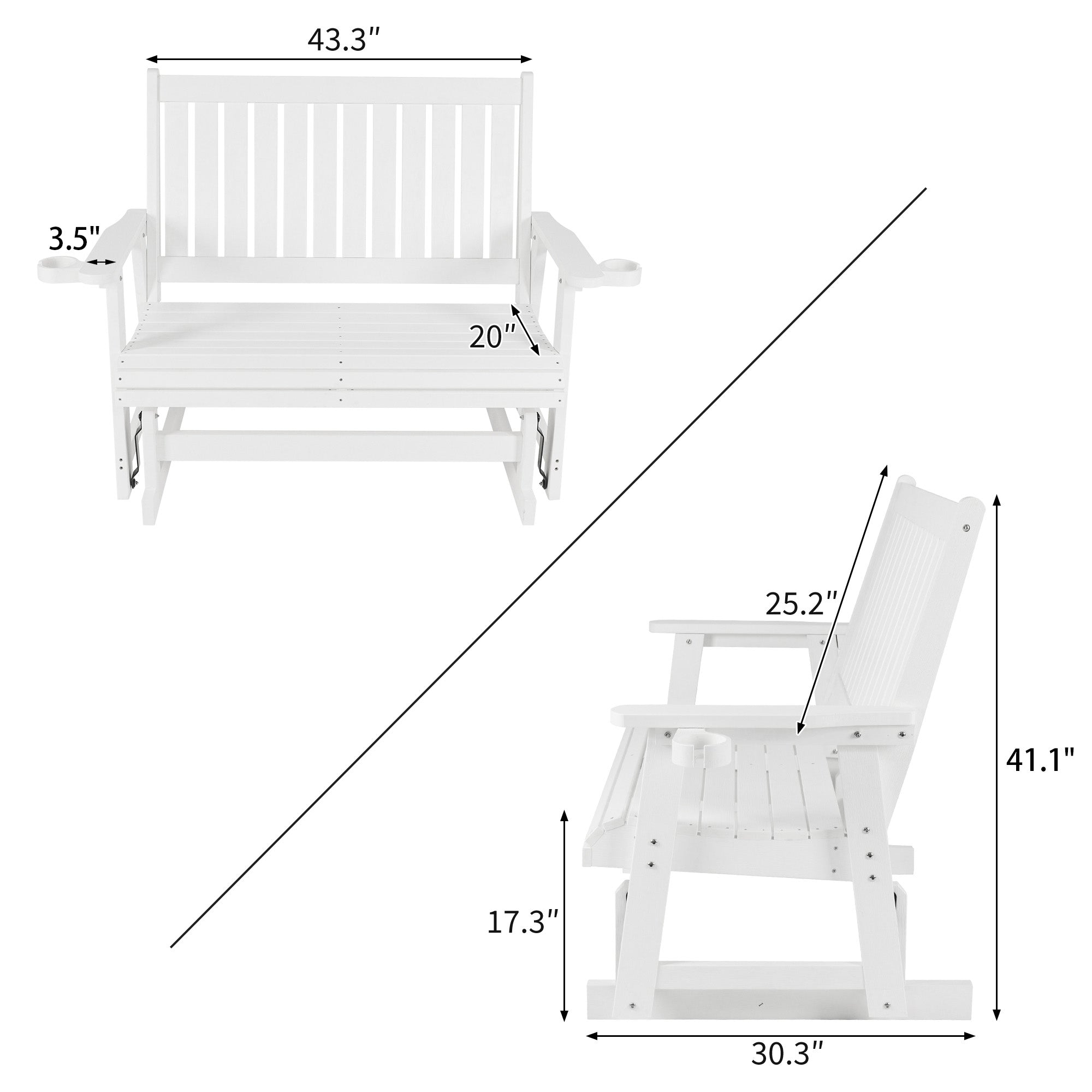 Fortune Candy Poly Lumber Patio Glider  2 Seater with Ergonomic Deep Seat, High Backrest, Cup Holders, for Outdoor Garden, Yard, or Deck