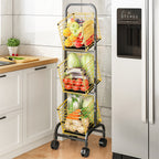 Fortune Candy 3-Tier Metal Rolling Storage Basket Cart, Black Gold Utility Organizer with Wheels for Books, Toys, Food, Vegetables, and More