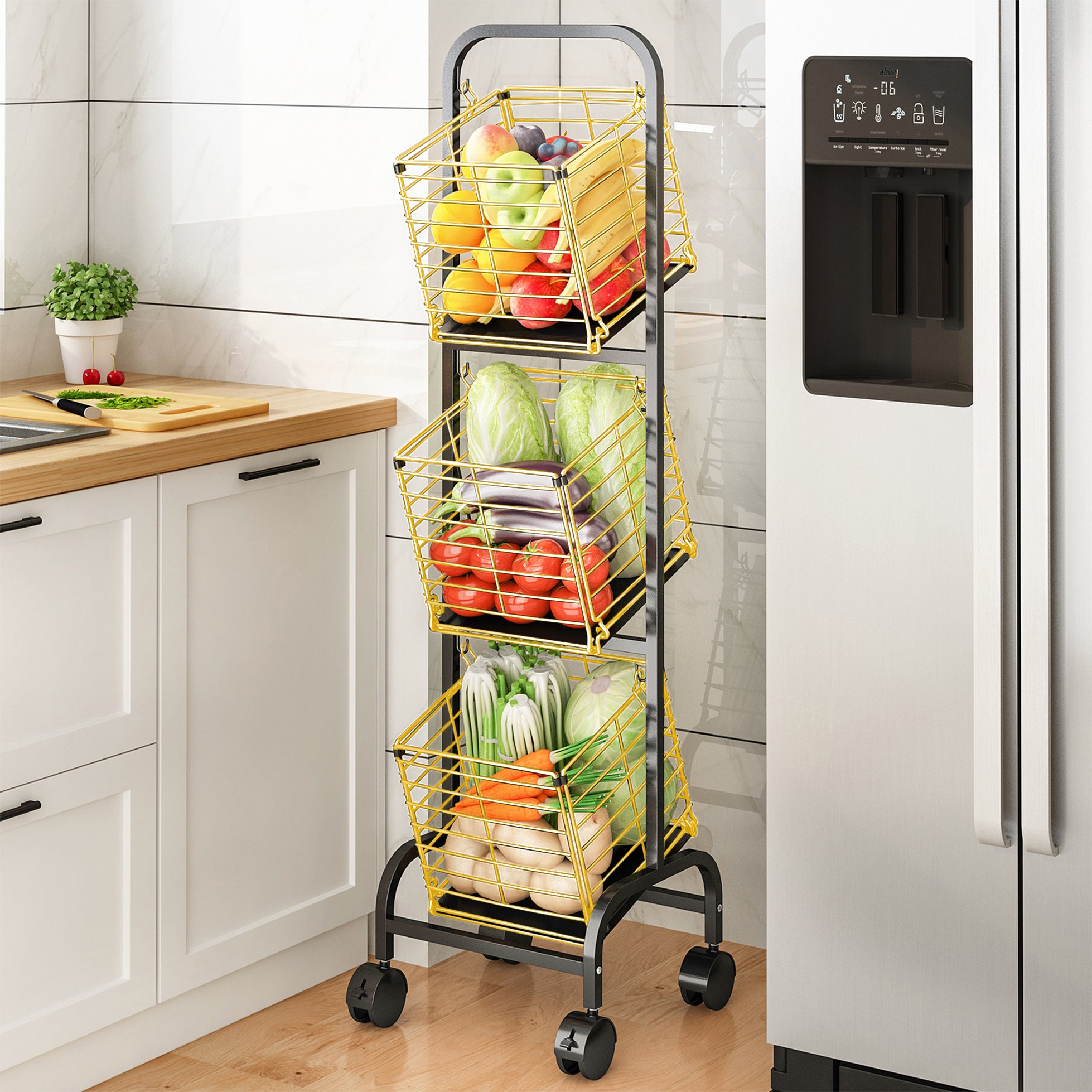 Fortune Candy 3-Tier Metal Rolling Storage Basket Cart, Black Gold Utility Organizer with Wheels for Books, Toys, Food, Vegetables, and More