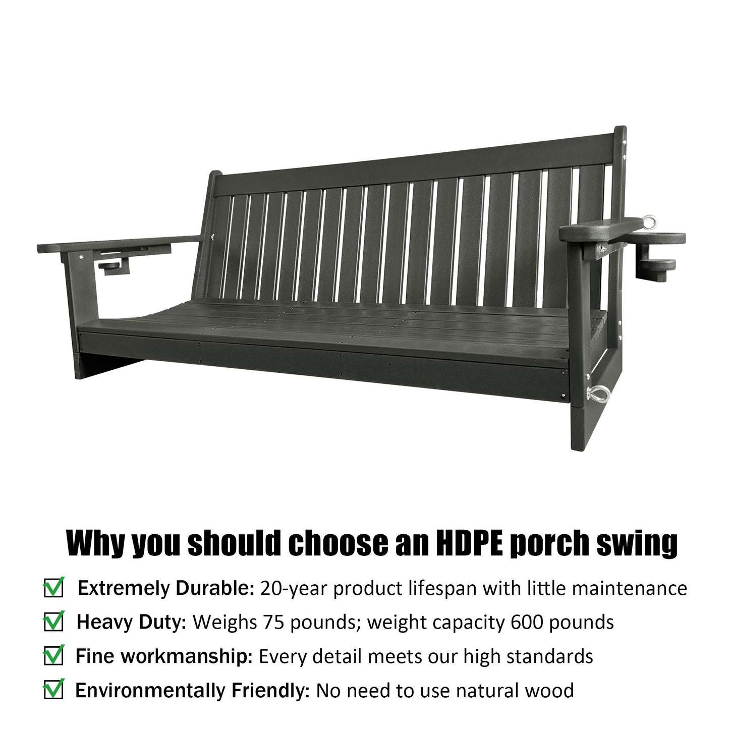 HDPE 3-Seater Porch Swing, 5-Feet Bench Swing with Foldable Cup Holders,18/8 Stainless Steel Hardware, High Backrest and Deep Contoured Seat (Gray, 5-feet)