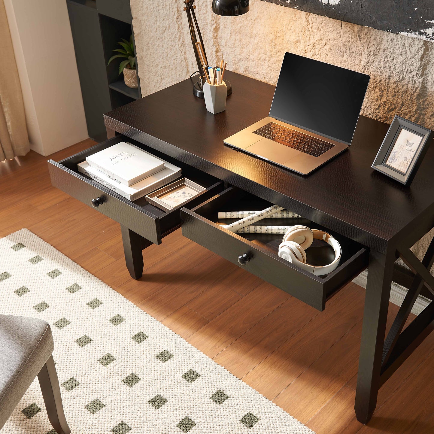 Fortune Candy 30.25'' Tall Cocoa Brown Home Office Desk with Two Drawers, Rectangular Wood Table with X-Brace Legs
