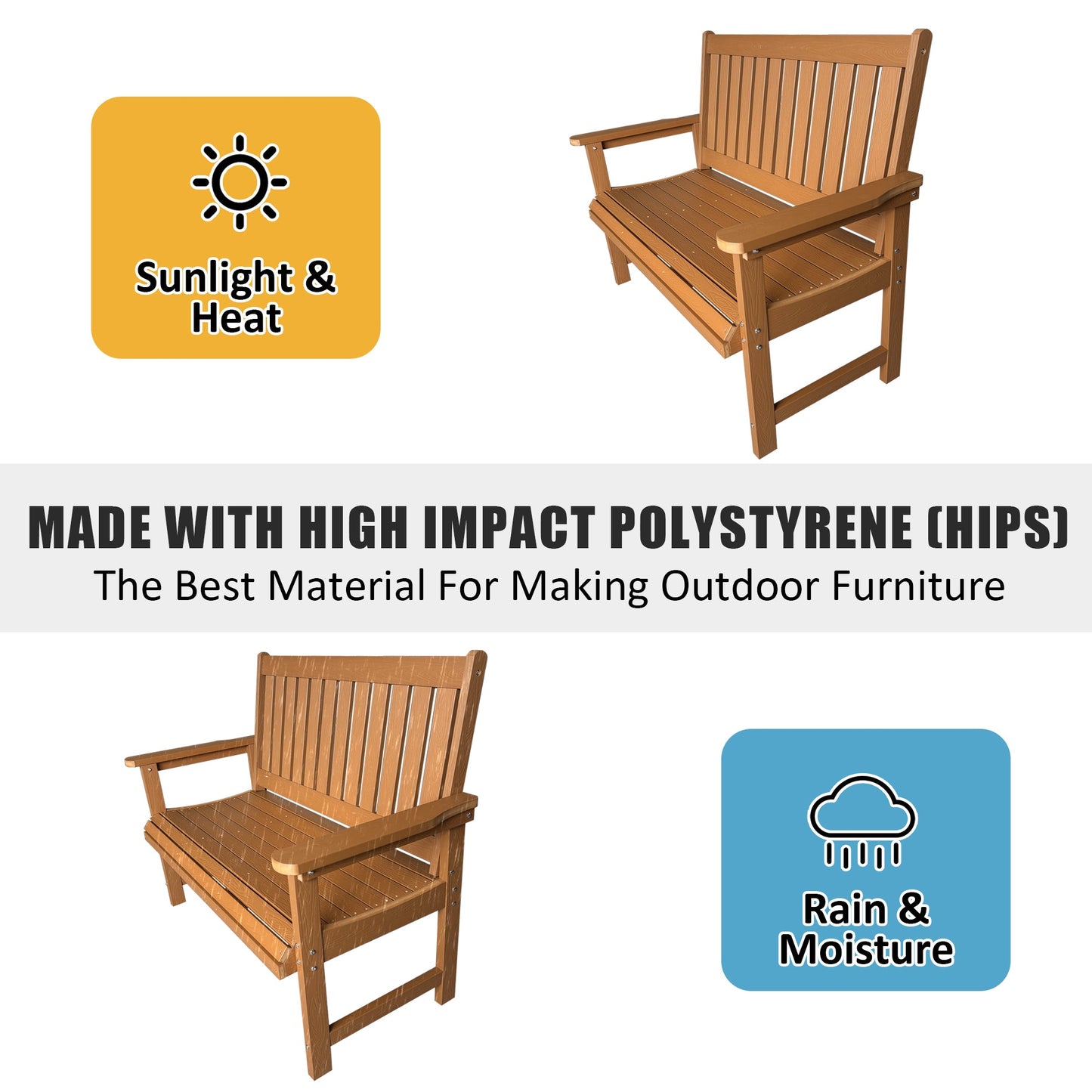 Poly Lumber Outdoor Bench, HIPS All-Weather Bench, Never Rots or Fades, for Patio, Porch, Garden and Park, 700 lbs Weight Capacity (Brown, 44-inch)