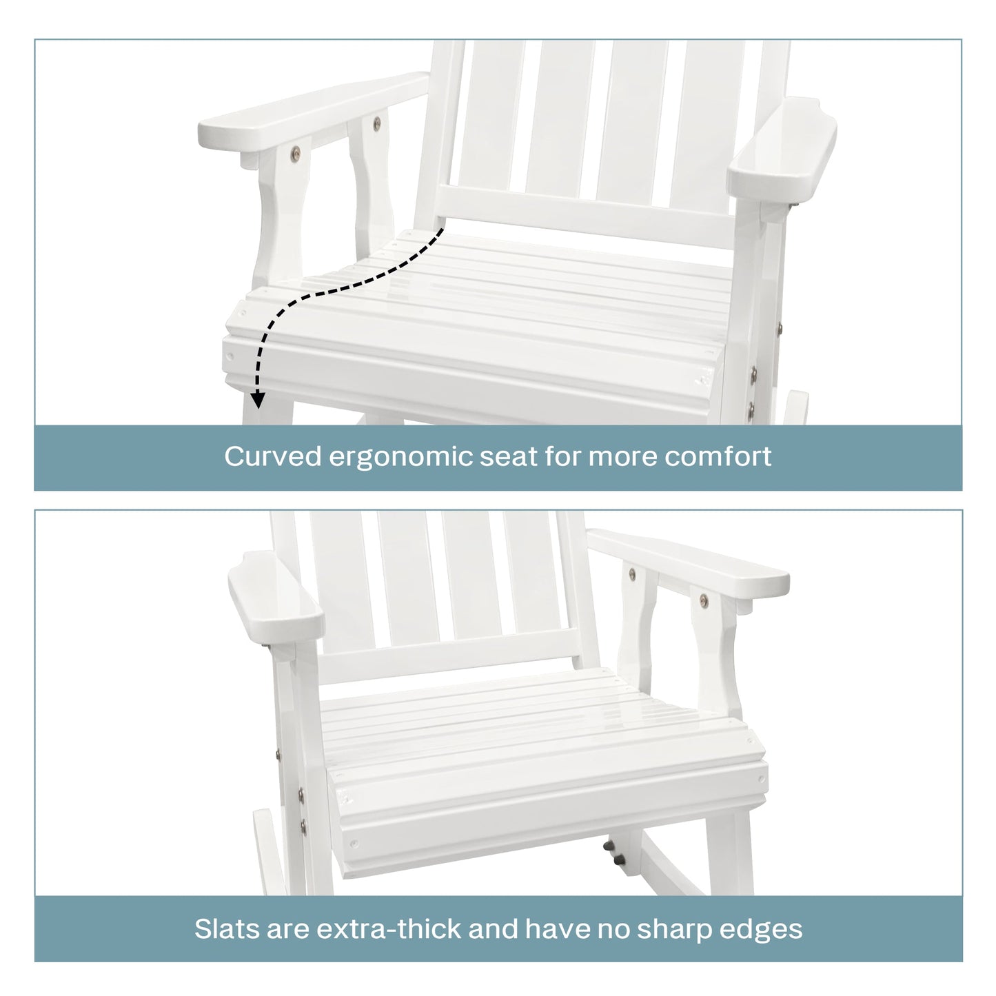 Wooden Patio Rocking Chair with Comfortable Backrest Inclination, High Backrest and Deep Contoured Seat, Solid Fir Wood, Heavy Duty 600 LBS, for Both Outdoor and Indoor (White - 3 Pieces)