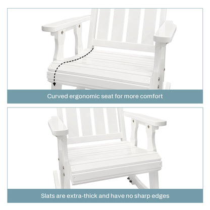 Wooden Patio Rocking Chair with Comfortable Backrest Inclination, High Backrest and Deep Contoured Seat, Solid Fir Wood, Heavy Duty 600 LBS, for Both Outdoor and Indoor (White - 3 Pieces)