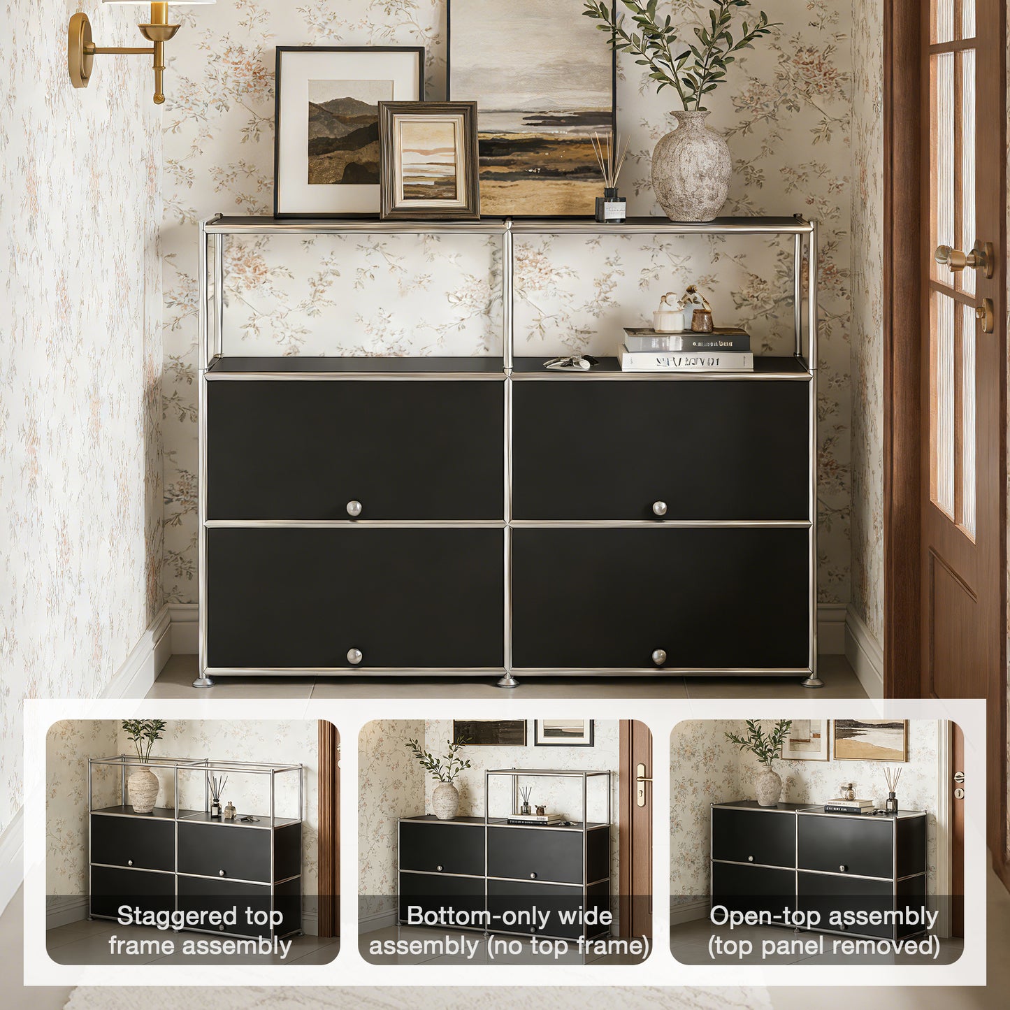 Fortune Candy 4-Door Modular Metal Sideboard with Open Shelf, Modern Twin-Row Grid Cabinet for Dining or Living Room, Office, Black